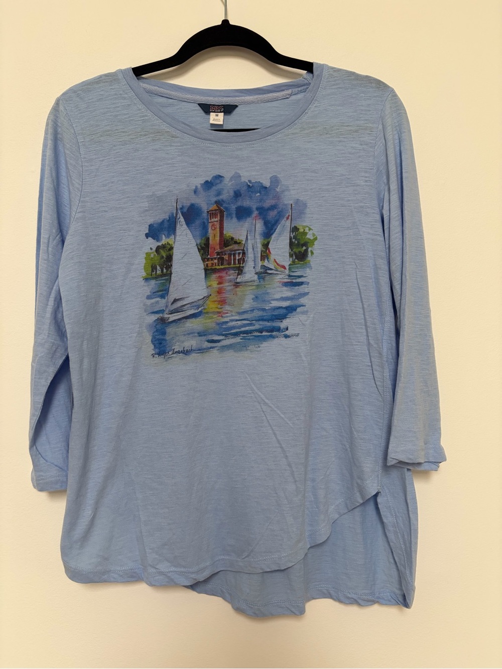 MV Sport Light Blue Women's Long Sleeve Graphic Tee Sailboat Harbor Scene M
